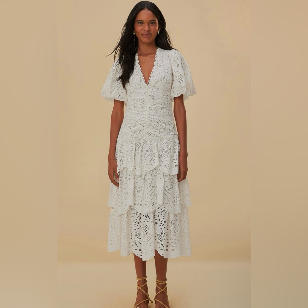NEW FARM RIO White Cotton Eyelet Puff Sleeve Midi Dress Small